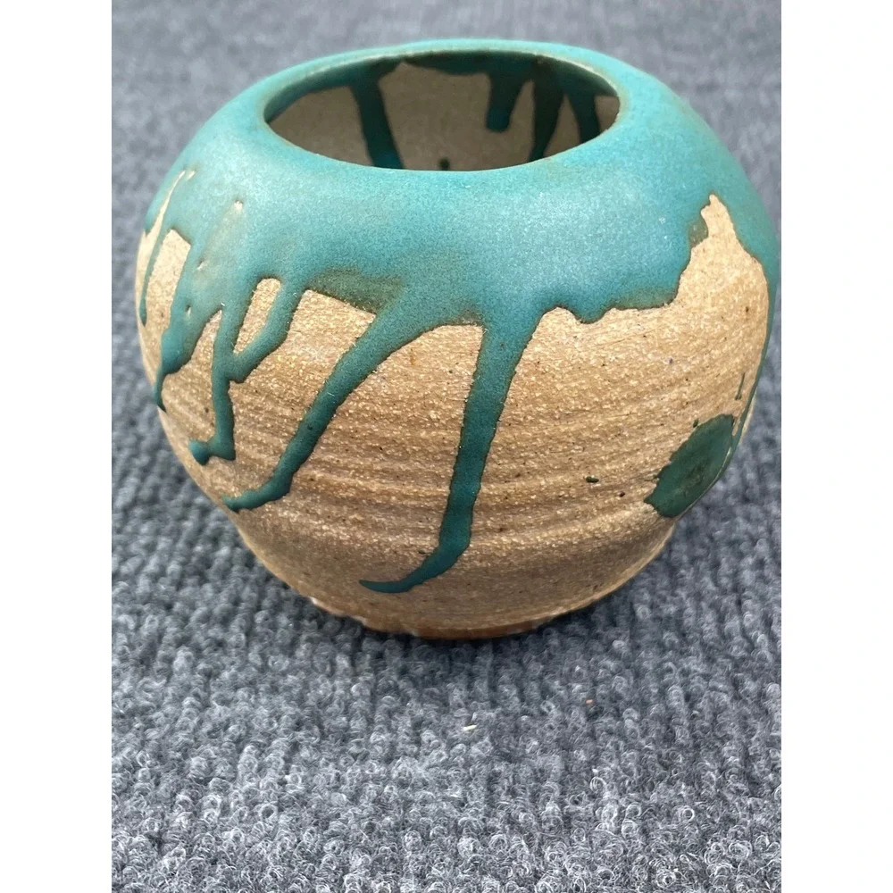 WEX H. Studio Pottery Bud Vase Teal Drip Glaze Tan Stoneware Signed Artisan 4